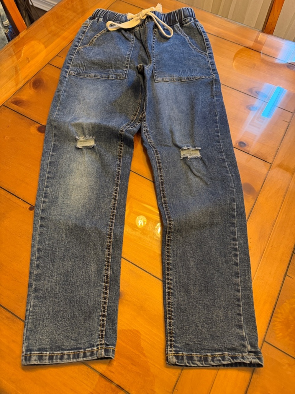 Slim Straight Women's Denim Jeans in Blue with Drawstring Waist